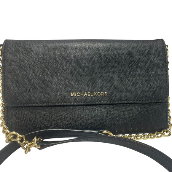 Michael Kors Bag Wallet On A Chain Jet Set Crossbody Black Leather Gold Chain - Picture 1 of 12